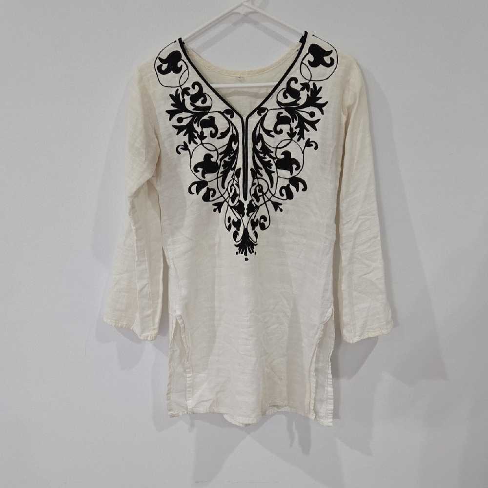 Sz Large Womens Cream and Black Embroidered Tunic Long Sleeve